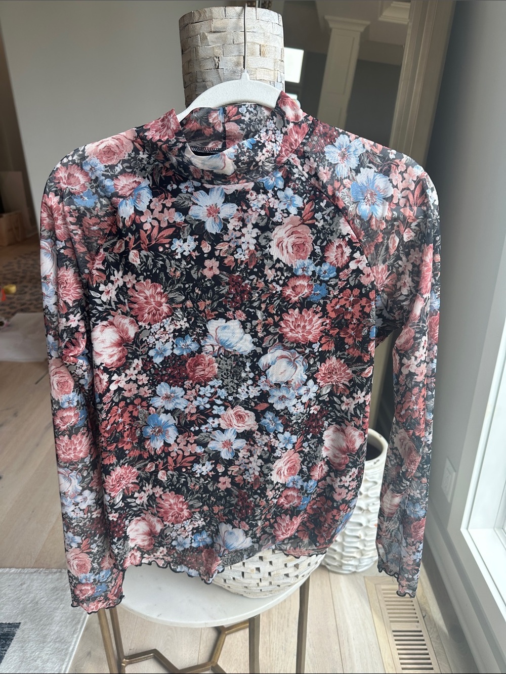 Floral Mock-Neck Long Sleeve Top in Black Multi